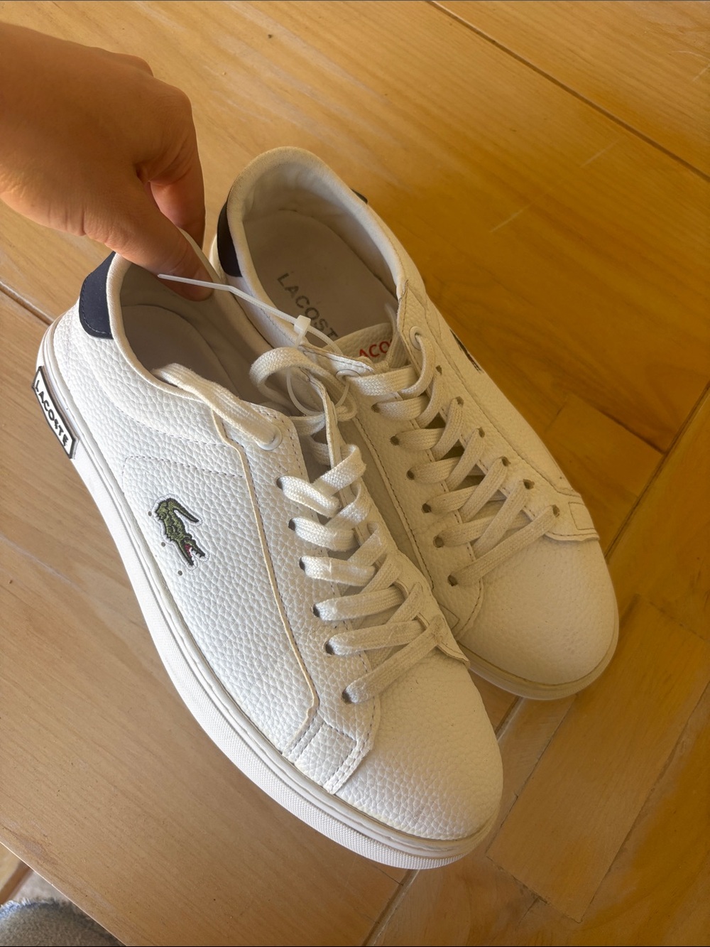 Lacoste White Low-Top Pebbled Leather Sneaker with Green Croc